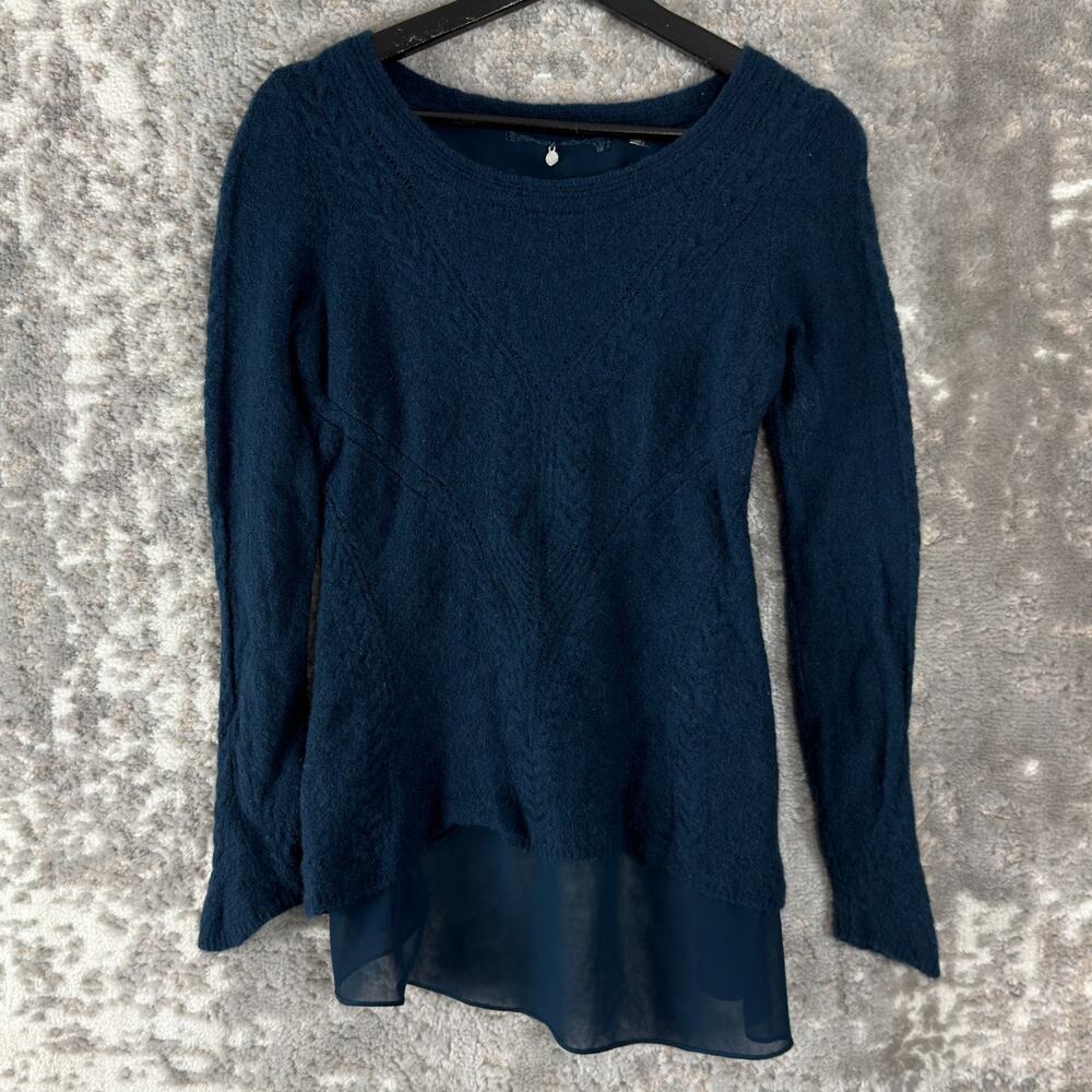 Knitted Knotted Sz S Crochet Alpaca Wool Casual Sweater Blue Long Sleeve